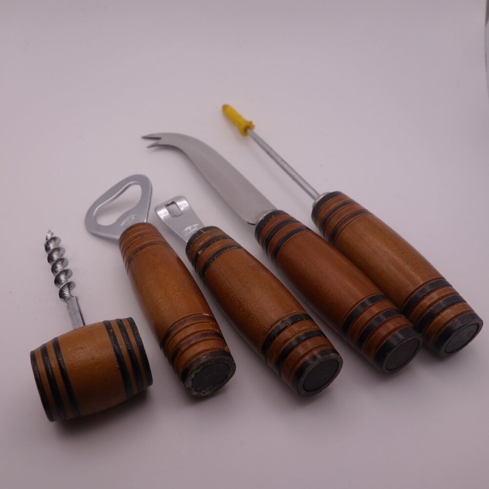 Vintage IDEAL Japan Bartender Tool Set w/ Wood Barrel Style Handles with Magnets